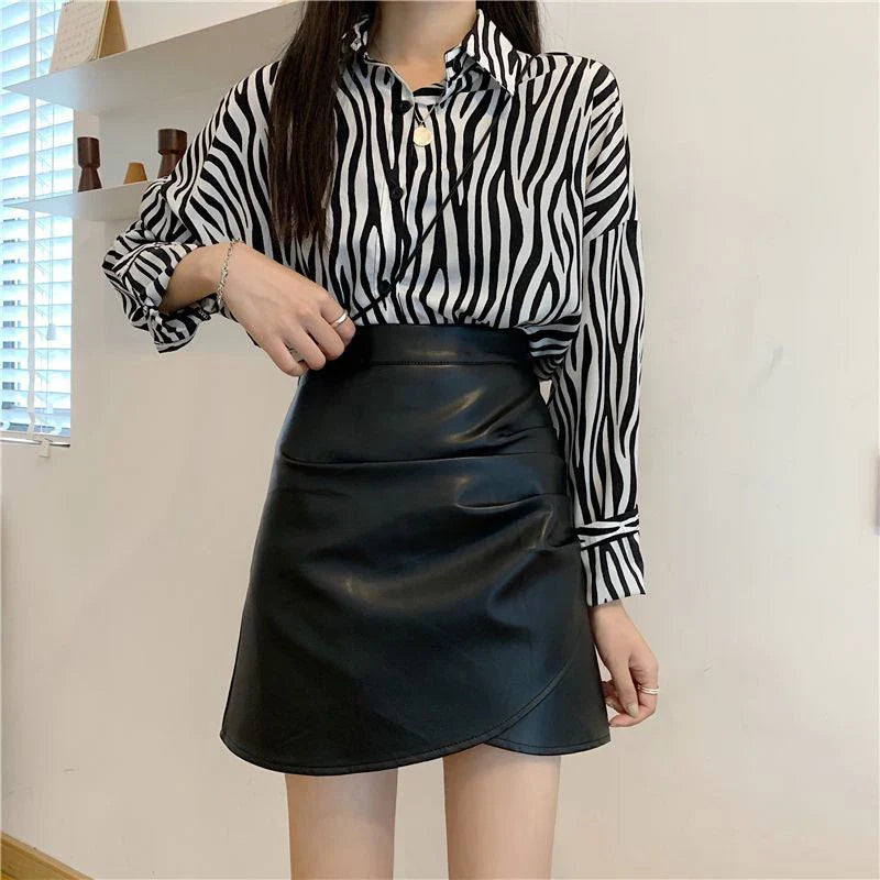 Pleated Pu Leather High Waist Irregular Skirt