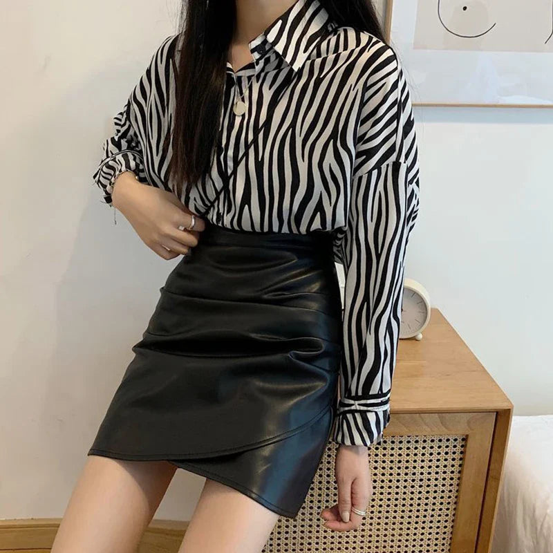 Pleated Pu Leather High Waist Irregular Skirt