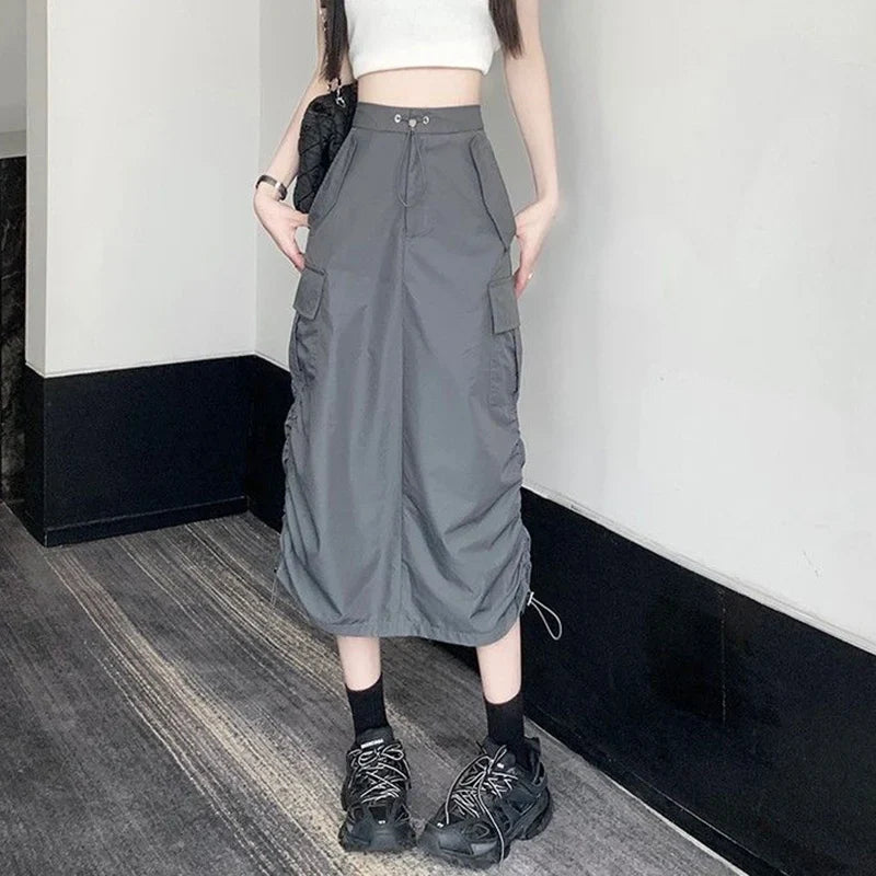 Vintage Drawstring Back Slit Cargo Skirt