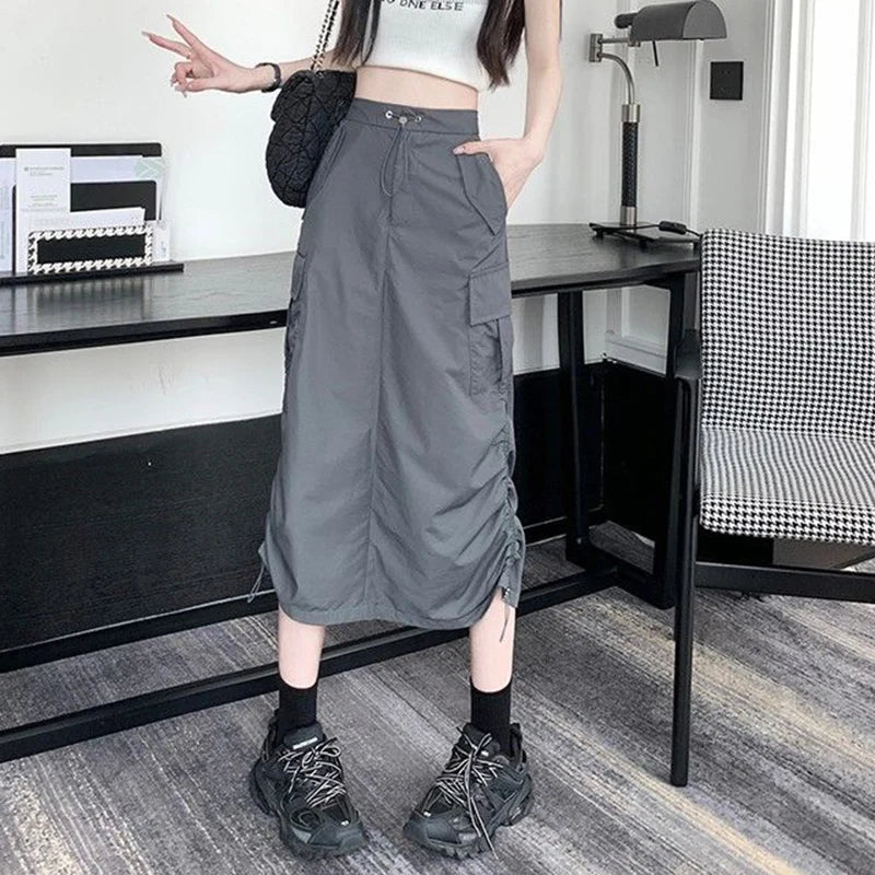 Vintage Drawstring Back Slit Cargo Skirt