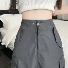 Vintage Drawstring Back Slit Cargo Skirt