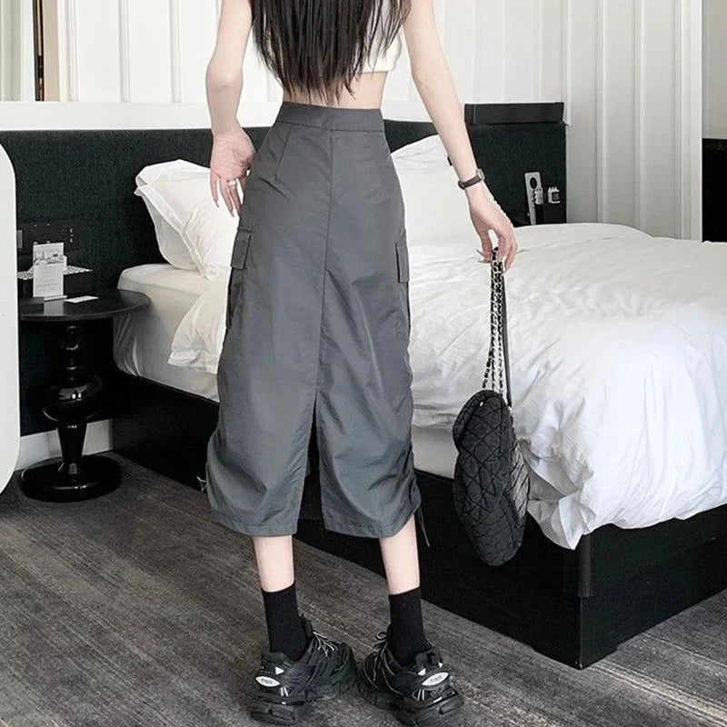 Vintage Drawstring Back Slit Cargo Skirt