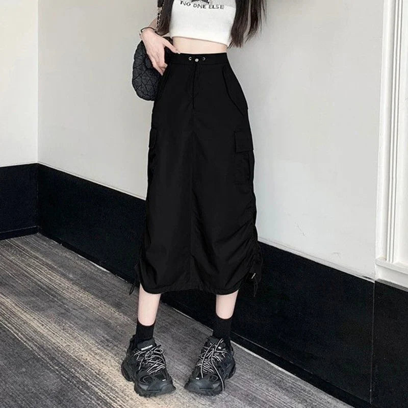 Vintage Drawstring Back Slit Cargo Skirt