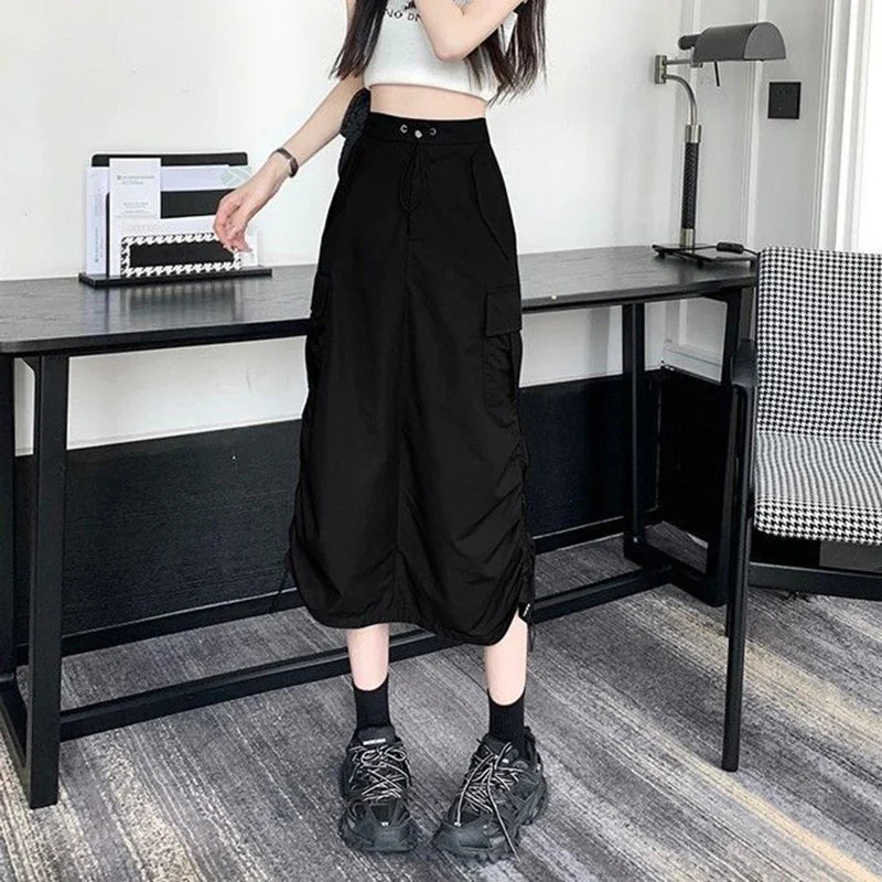 Vintage Drawstring Back Slit Cargo Skirt