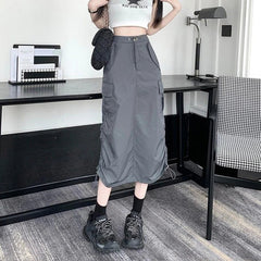 Vintage Drawstring Back Slit Cargo Skirt