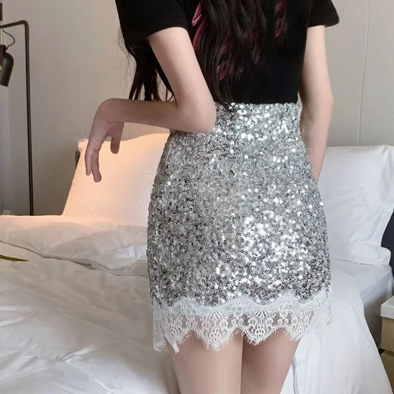 Silver Sequin Lace Patchwork Mini Skirt