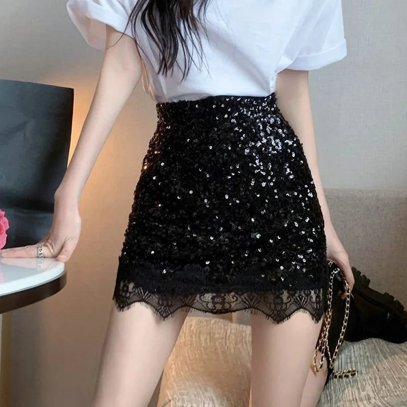 Silver Sequin Lace Patchwork Mini Skirt