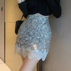 Silver Sequin Lace Patchwork Mini Skirt