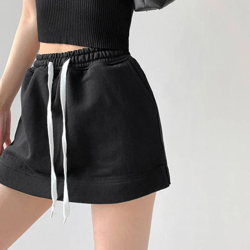 Sporty Solid Color Drawstring Casual Skirt