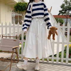Summer Kawaii Bow High Waist A-Line Midi Skirt
