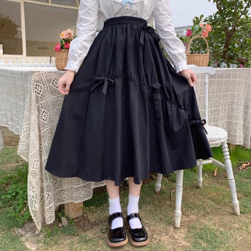 Summer Kawaii Bow High Waist A-Line Midi Skirt