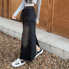 Vintage High Waist Streetwear A-Line Denim Skirt