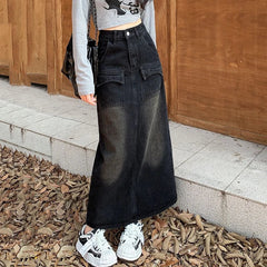 Vintage High Waist Streetwear A-Line Denim Skirt