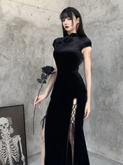 Romantic Gothic Aesthetic Vintage Black  Evening Cheongsam Midi Dresses