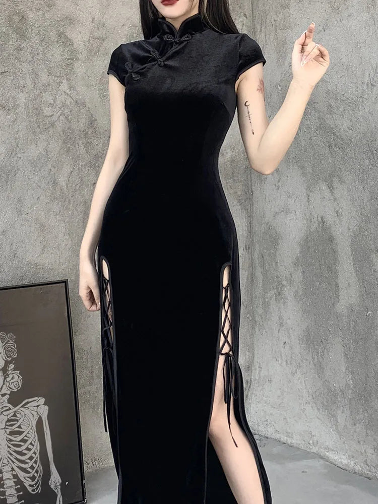 Romantic Gothic Aesthetic Vintage Black  Evening Cheongsam Midi Dresses