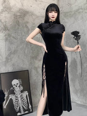 Romantic Gothic Aesthetic Vintage Black  Evening Cheongsam Midi Dresses
