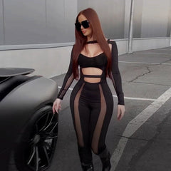 Patchwork Mesh Backless Hollow Jumpsuit