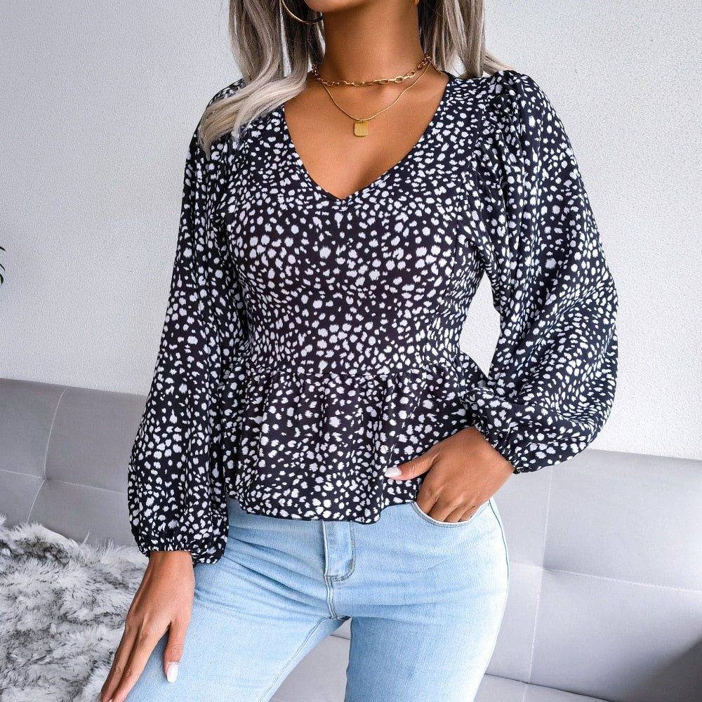 Summer Leopard Print Chiffon Shirt, Fashion V-Neck Lantern Long Sleeve Ruffle Hem Top