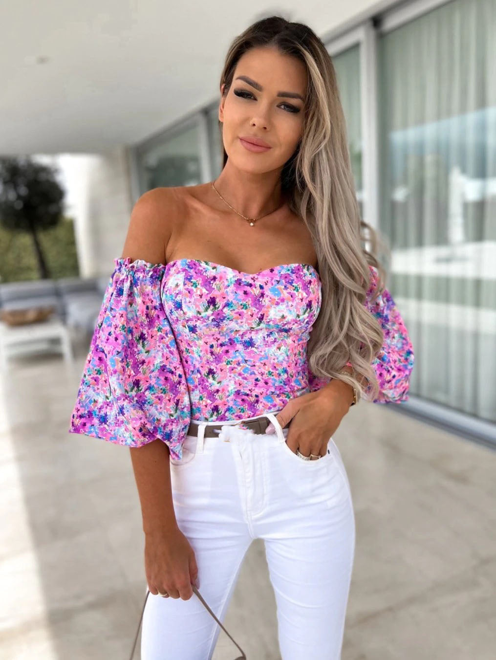 Top Summer Off Shoulder Floral Blouses Holiday Slash Neck Tops