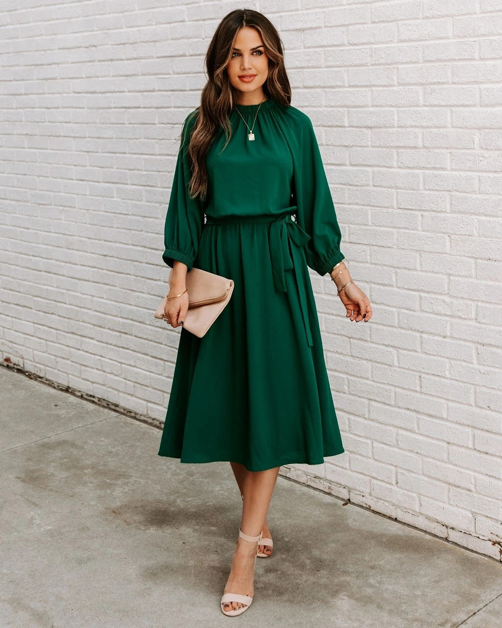 Elegant Office Dress Formal Loose Green Long Sleeve Belt A-Line Midi Dresses