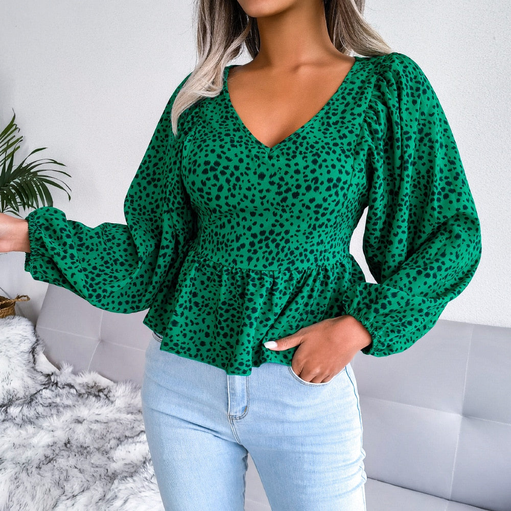 Summer Leopard Print Chiffon Shirt, Fashion V-Neck Lantern Long Sleeve Ruffle Hem Top