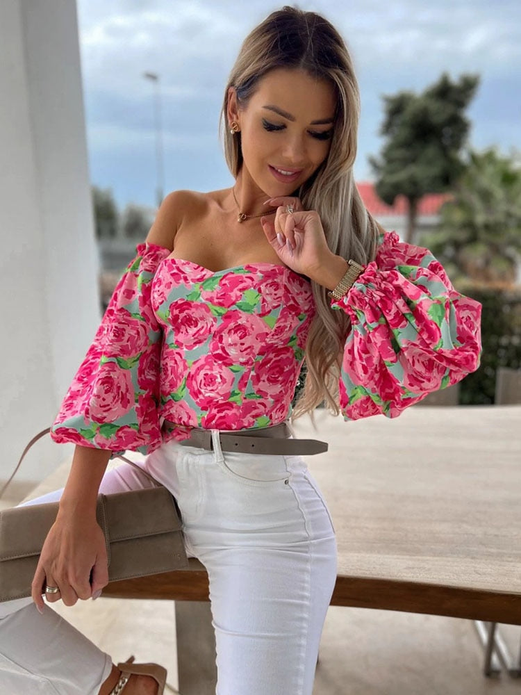 Top Summer Off Shoulder Floral Blouses Holiday Slash Neck Tops