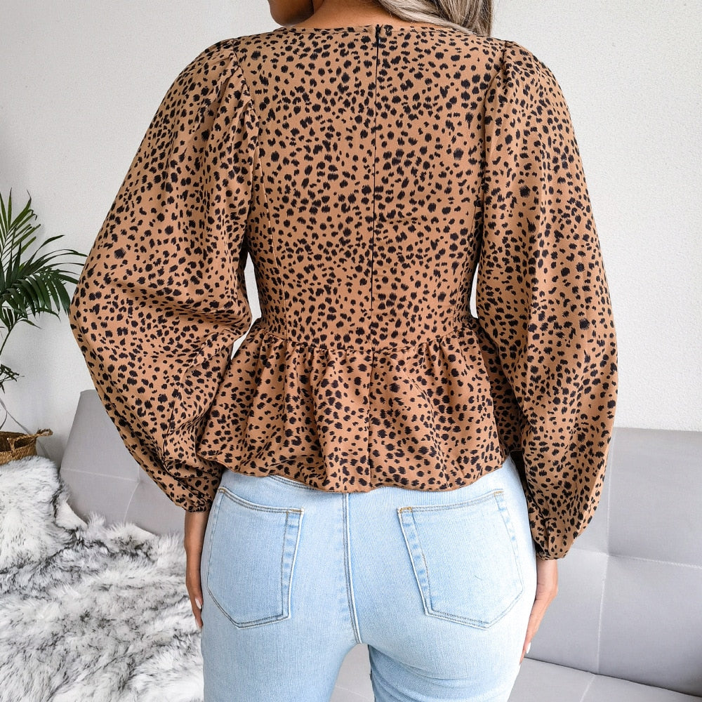 Summer Leopard Print Chiffon Shirt, Fashion V-Neck Lantern Long Sleeve Ruffle Hem Top