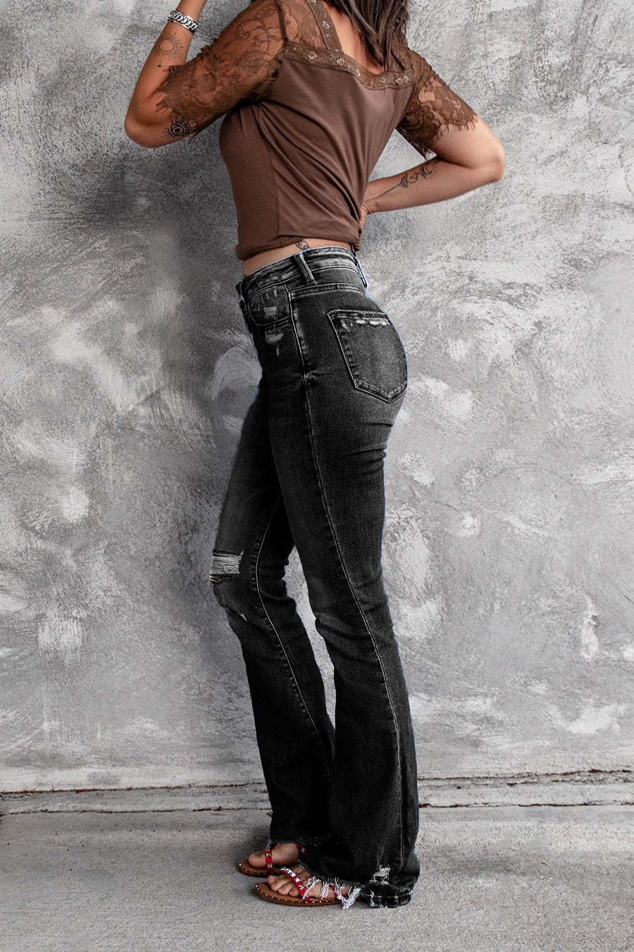 Holes Ripped Tassel Flare Jeans High Waist Denim Ladies Vintage Stretch Slim Jeans