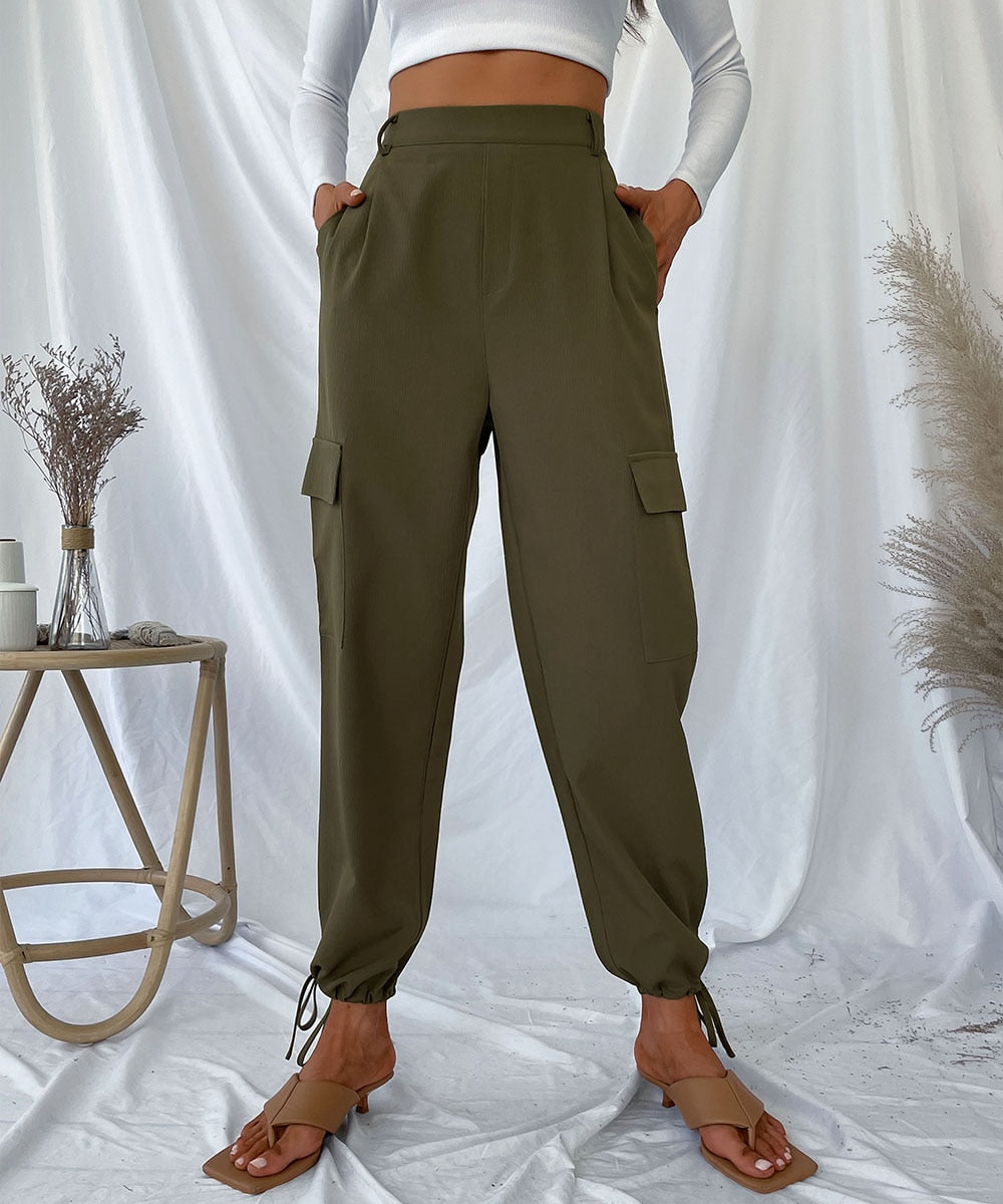 Drawstring Hem Solid Cargo Pants