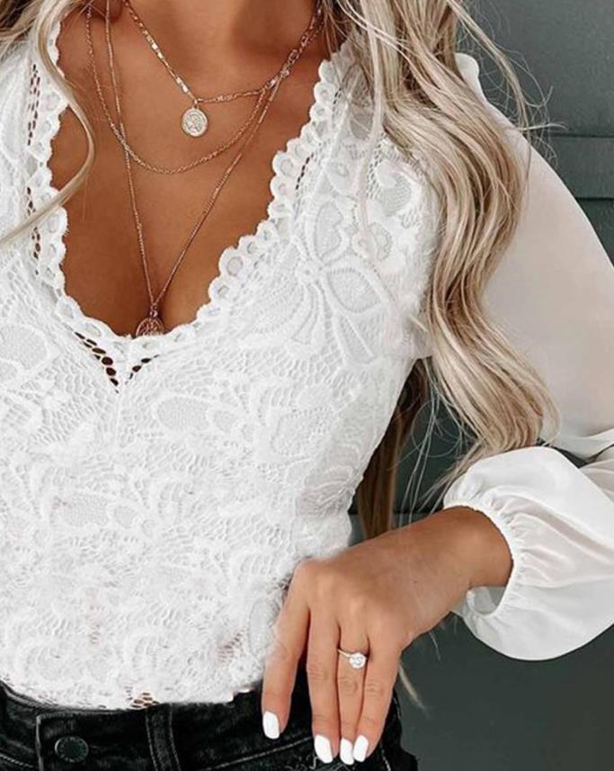 Elegant Contrast Mesh Long Sleeve Lace Top Fashion Woman Blouses Shirt