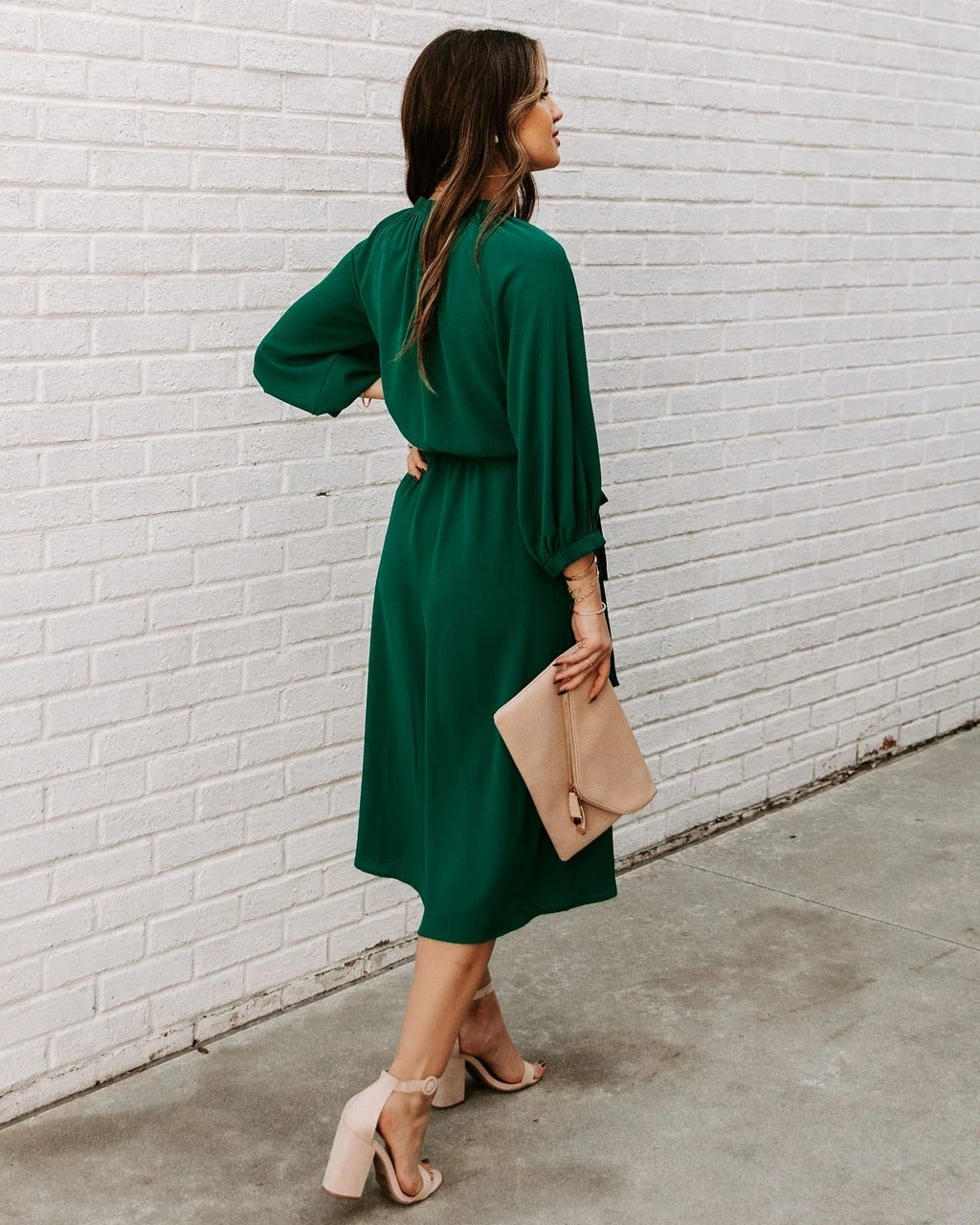 Elegant Office Dress Formal Loose Green Long Sleeve Belt A-Line Midi Dresses