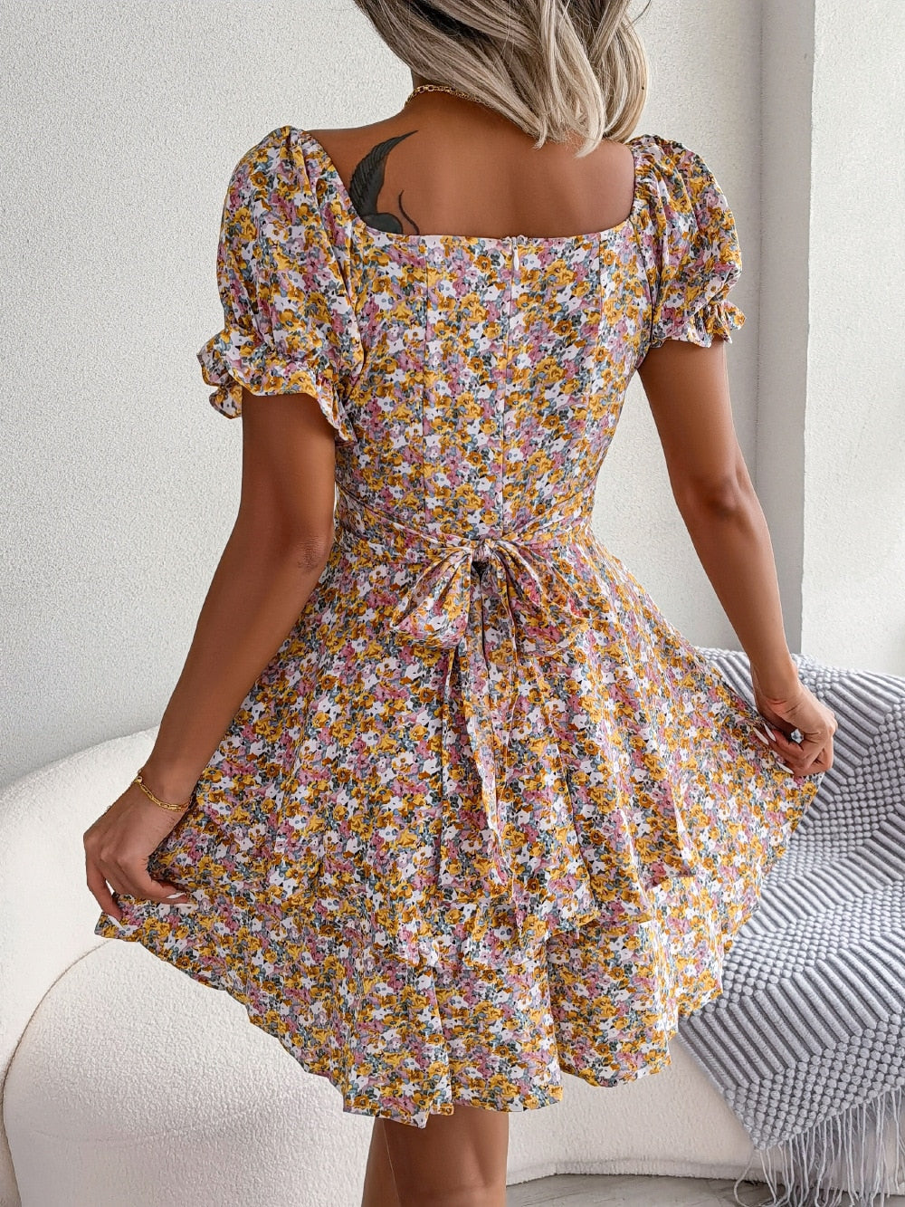 Square Collar Lace Up Floral Dress