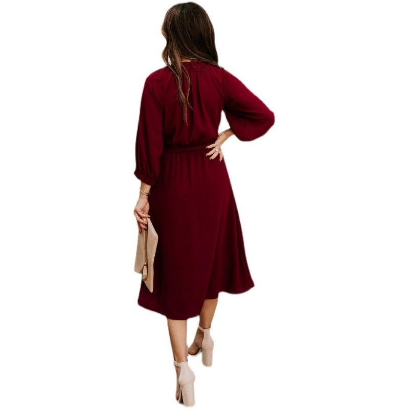 Elegant Office Dress Formal Loose Green Long Sleeve Belt A-Line Midi Dresses