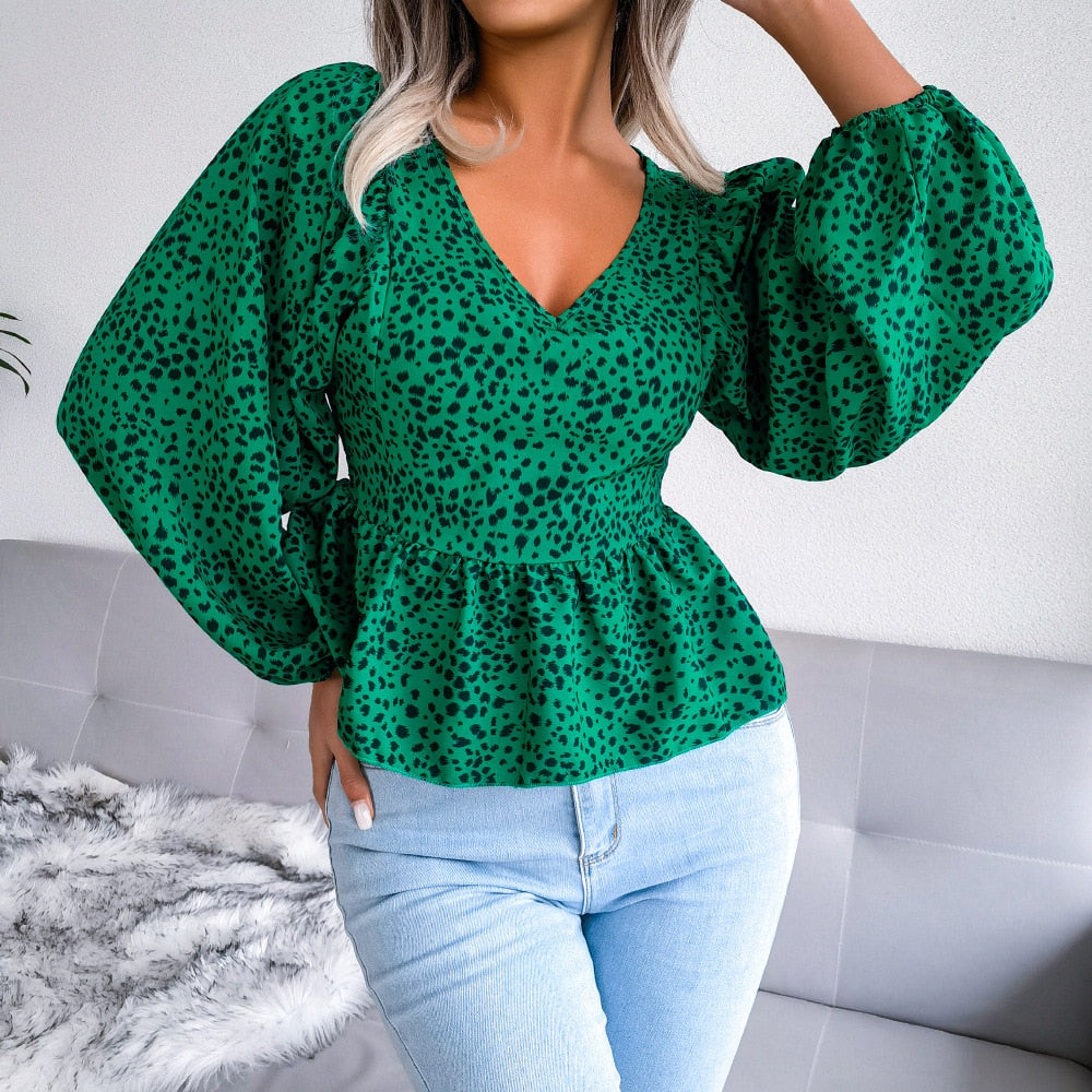 Summer Leopard Print Chiffon Shirt, Fashion V-Neck Lantern Long Sleeve Ruffle Hem Top