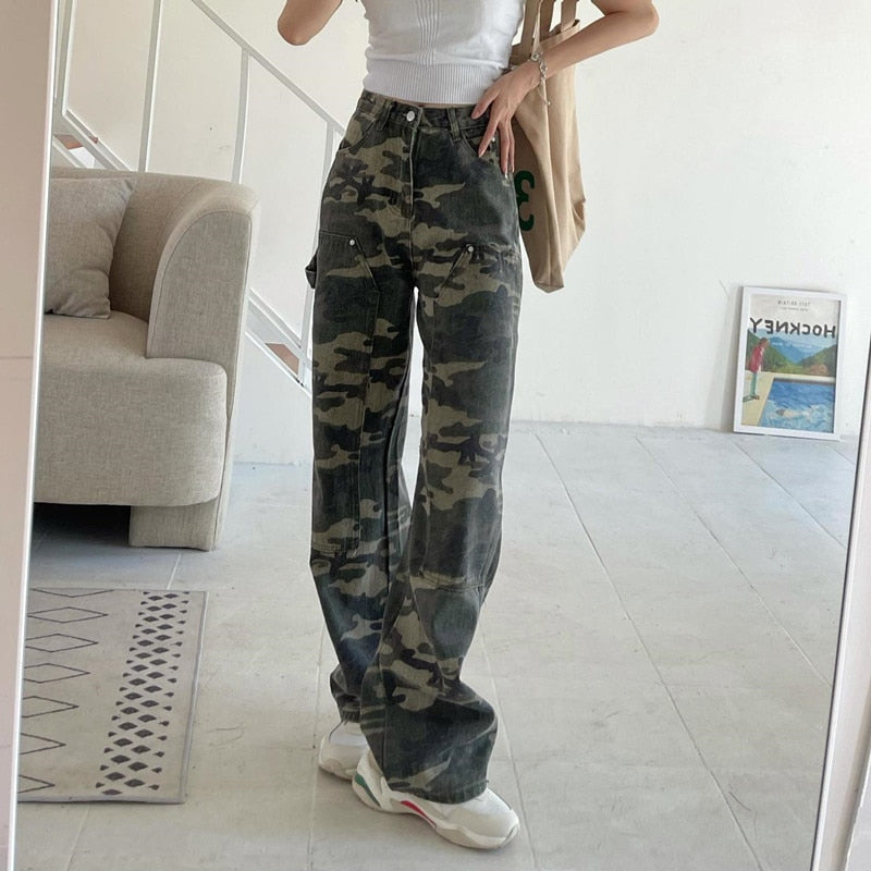 Streetwear Camouflage High Waist Cargo Pants Straight Jeans