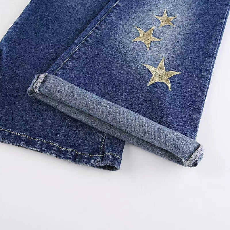 Star Printed Streetwear Vintage Low Waist Pockets Blue Denim Skinny Flare Jeans