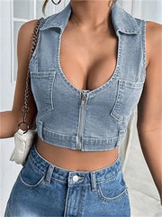 Cropped Sleeveless V-neck Turn-down Collar Front Zip Up Denim Mini Vest Summer Party Streetwear  Crop Top