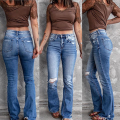 Holes Ripped Tassel Flare Jeans High Waist Denim Ladies Vintage Stretch Slim Jeans