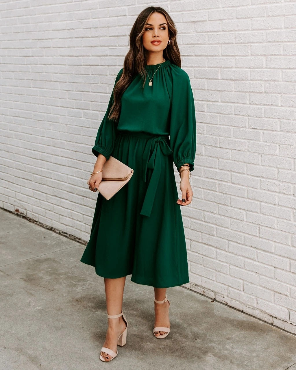 Elegant Office Dress Formal Loose Green Long Sleeve Belt A-Line Midi Dresses