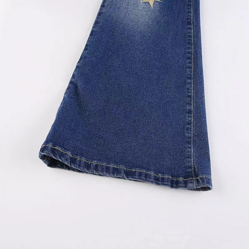 Star Printed Streetwear Vintage Low Waist Pockets Blue Denim Skinny Flare Jeans