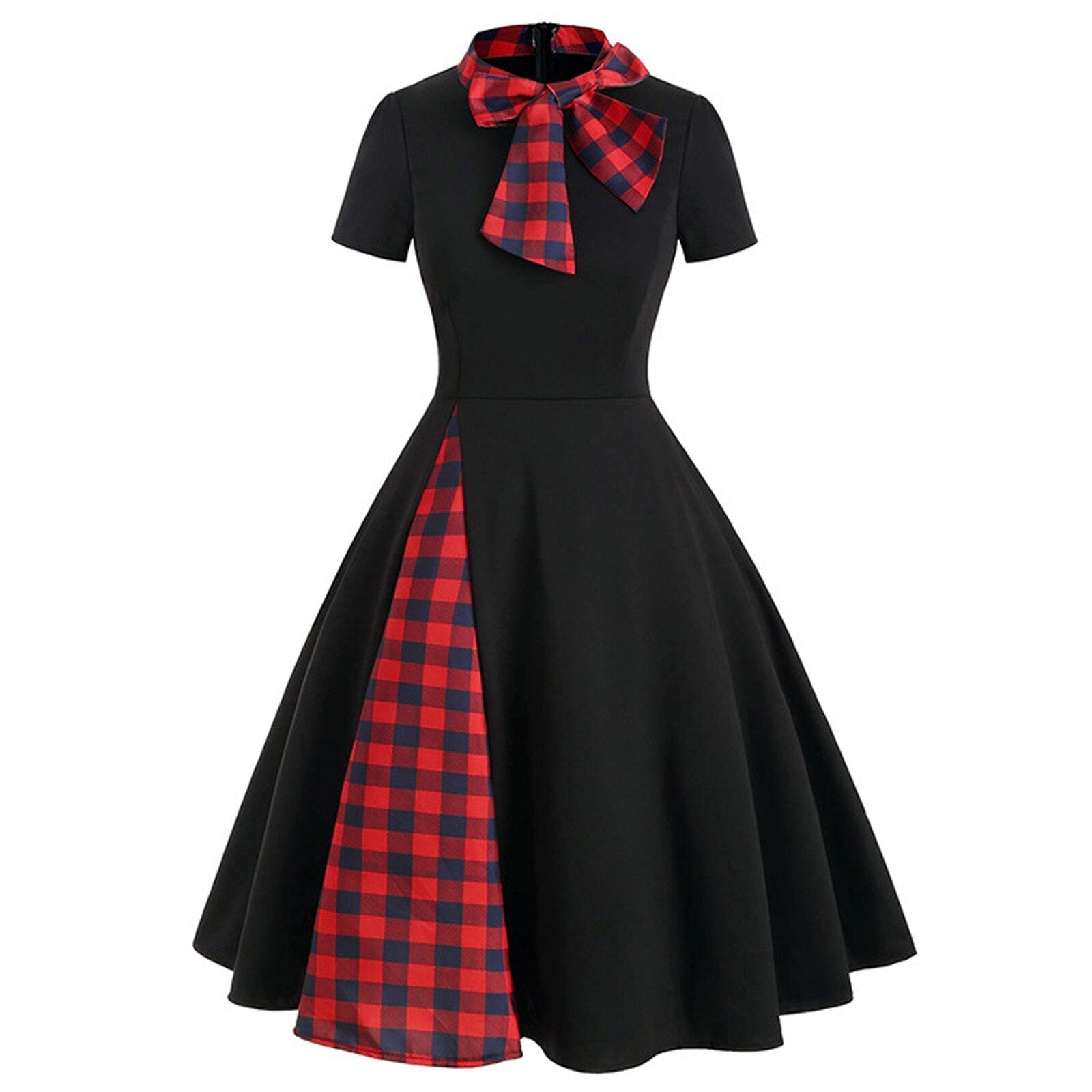 Plaid Patchwork Bow Collar Zipper Short Sleeve Vintage Christmas Costume Retro Office Party Midi Dress