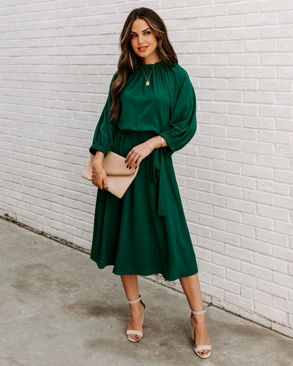 Elegant Office Dress Formal Loose Green Long Sleeve Belt A-Line Midi Dresses