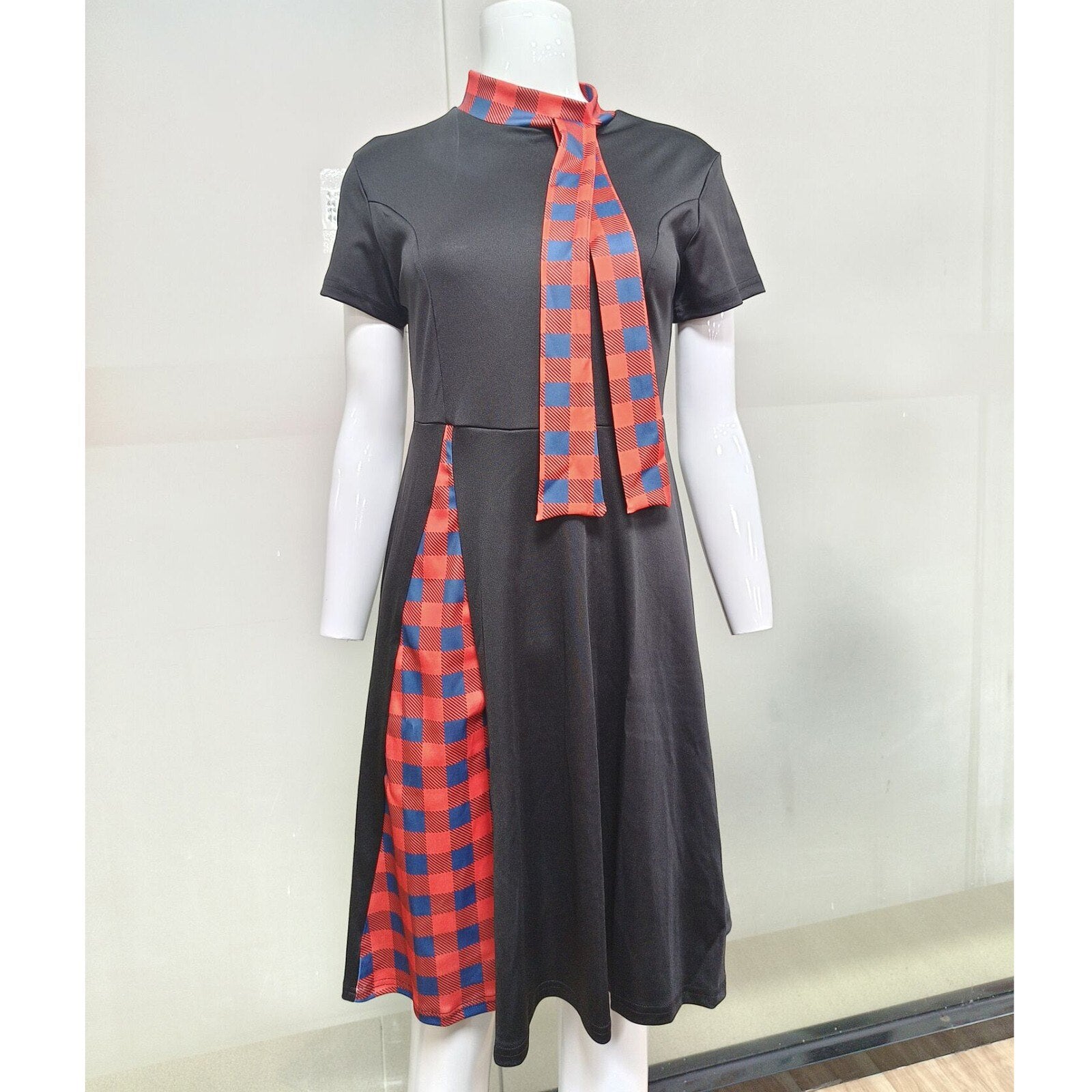 Plaid Patchwork Bow Collar Zipper Short Sleeve Vintage Christmas Costume Retro Office Party Midi Dress