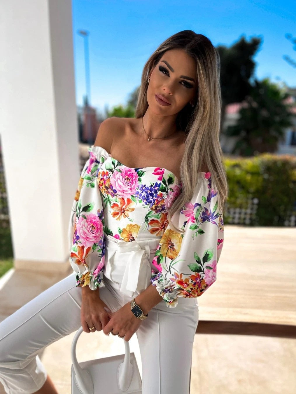 Top Summer Off Shoulder Floral Blouses Holiday Slash Neck Tops