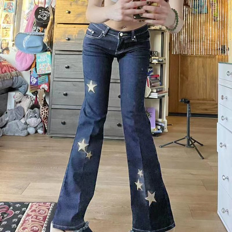 Star Printed Streetwear Vintage Low Waist Pockets Blue Denim Skinny Flare Jeans