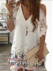 Lace Floral Printed Short Sleeve Casual Cotton Off Shoulder Shift Dresses