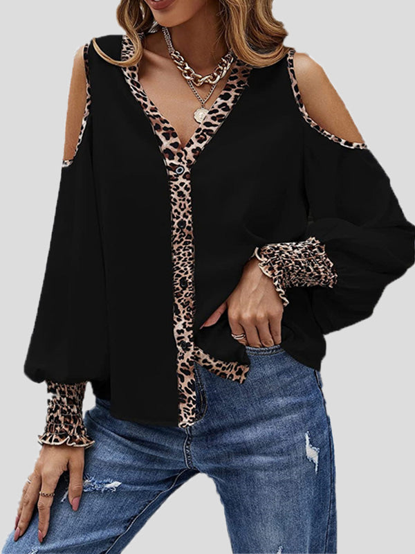 Blouses Leopard Panel Button Off-Shoulder Long Sleeve Blouse for Women