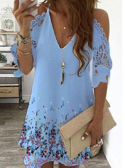 Lace Floral Printed Short Sleeve Casual Cotton Off Shoulder Shift Dresses