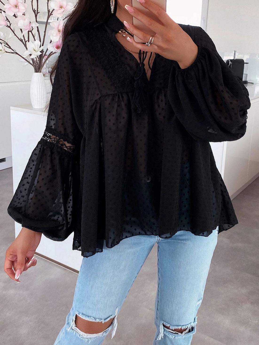 Blouses Lace Panel Balloon Sleeve Chiffon Blouse for Women