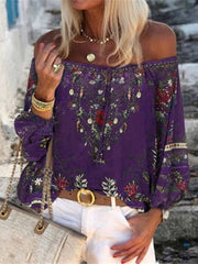 Blouses Vintage Print Boat Neck Belted Long Sleeve Blouse for Women
